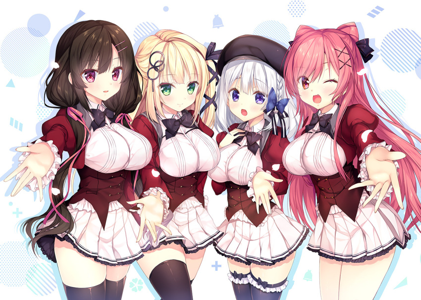 4girls ayase_kanade ayuma_sayu black_hair black_thighhighs blonde_hair blue_eyes bow bowtie braid breasts cowboy_shot drop_shadow fang green_eyes hair_ornament hair_over_shoulder hair_ribbon hanagane_kanade_gram_-_chapter:2_hananoka_sumirehananoka_sumire hananoka_sumire hat hoshiizumi_kotona juliet_sleeves kozakura_yui large_breasts long_hair long_sleeves looking_at_viewer medium_hair miniskirt multiple_girls official_art open_mouth outstretched_arm petals photoshop_(medium) pink_eyes pink_hair pleated_skirt puffy_sleeves red_eyes ribbon skirt smile thighhighs twintails underbust white_hair white_skirt x_hair_ornament zettai_ryouiki