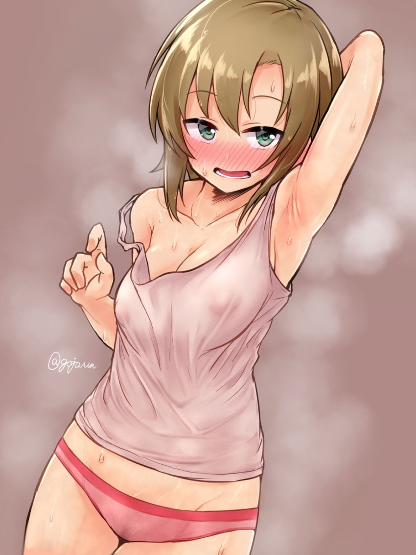 1girl arm_up armpits blush breasts camisole cleavage collarbone covered_nipples female_pubic_hair gojarun grey_camisole highres idolmaster idolmaster_cinderella_girls looking_at_viewer medium_breasts nose_blush panties pink_panties presenting_armpit pubic_hair simple_background solo steaming_body strap_slip sweat tada_riina twitter_username underwear underwear_only wet wet_clothes wet_panties