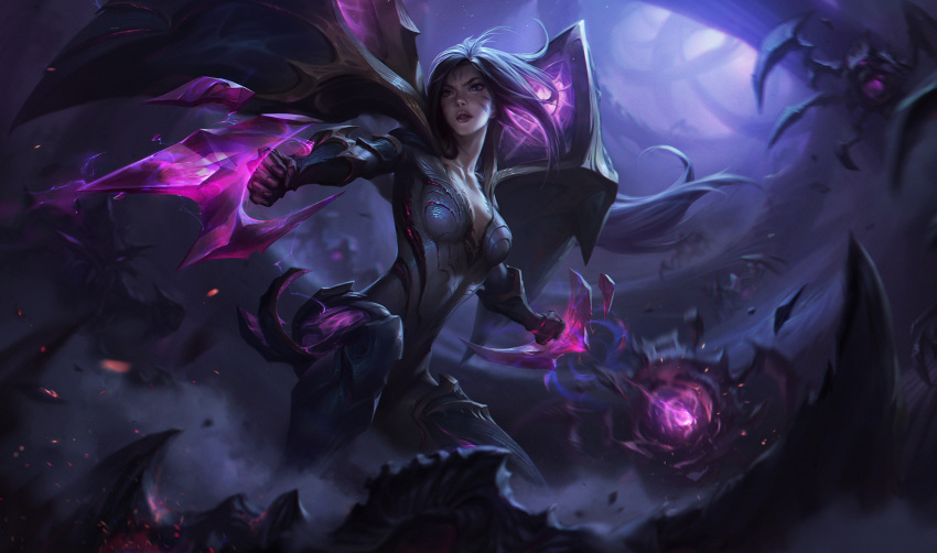 1girl armor attack blood blurry blurry_background bodysuit breasts chengwei_pan cleavage clenched_hands collarbone covered_navel detached_wings energy_beam facial_mark facial_tattoo feet_out_of_frame fighting fighting_stance floating_hair forehead_mark forehead_tattoo highres kai'sa league_of_legends light lightning liquid long_hair looking_to_the_side magic medium_breasts monster multicolored_bodysuit multicolored_clothes official_art outdoors outstretched_arms parted_lips plunging_neckline purple_blood purple_bodysuit purple_eyes purple_hair serious shoulder_armor skin_tight solo tattoo thighs underground weapon whisker_markings wings