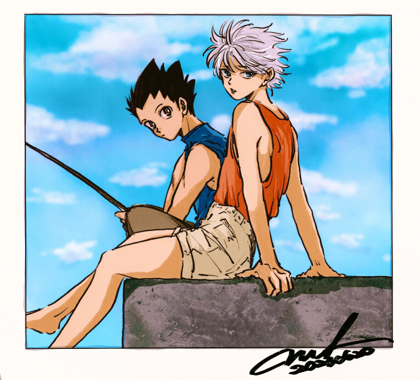 2boys ark_mono bare_shoulders black_hair blue_eyes blue_shirt brown_eyes denim denim_shorts fishing_rod from_side full_body gon_freecss highres holding holding_fishing_rod hunter_x_hunter killua_zoldyck looking_at_viewer male_child male_focus multiple_boys outdoors red_shirt shirt short_hair shorts signature sitting spiked_hair white_hair