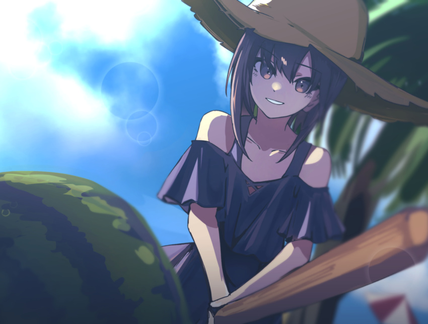 1girl absurdres alternate_costume black_dress blurry blurry_background brown_eyes brown_hair brown_headwear cloud day dress food fruit hat hato_kan highres holding kantai_collection outdoors short_hair sky solo suikawari taihou_(kancolle) tree watermelon