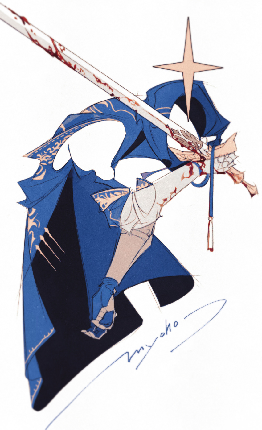 a_knight_(reverse:1999) absurdres blood blood_on_weapon blue_cape cape commentary gauntlets highres no_humans okiii reverse:1999 star_(symbol) sword weapon white_background