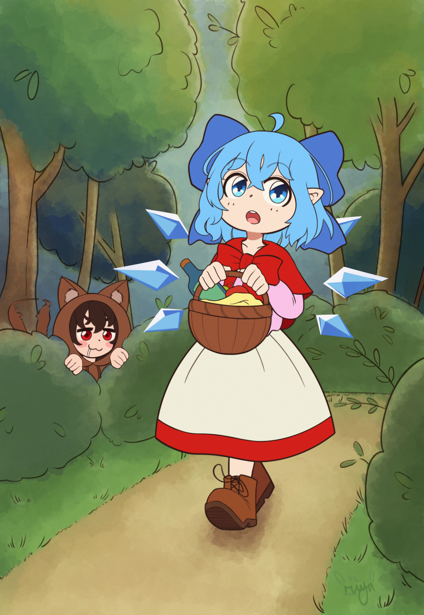 2girls :3 absurdres ahoge animal_costume basket big_bad_wolf big_bad_wolf_(cosplay) black_hair blue_eyes blue_hair blush bottle bush cirno cosplay forest full_body hair_ribbon hiding highres holding holding_basket inaba_tewi little_red_riding_hood little_red_riding_hood_(grimm) little_red_riding_hood_(grimm)_(cosplay) looking_at_another looking_at_viewer multiple_girls nature open_mouth outdoors red_eyes ribbon riiya_(riiya932) saliva short_hair smile tail tail_wagging touhou walking wolf_costume yuri