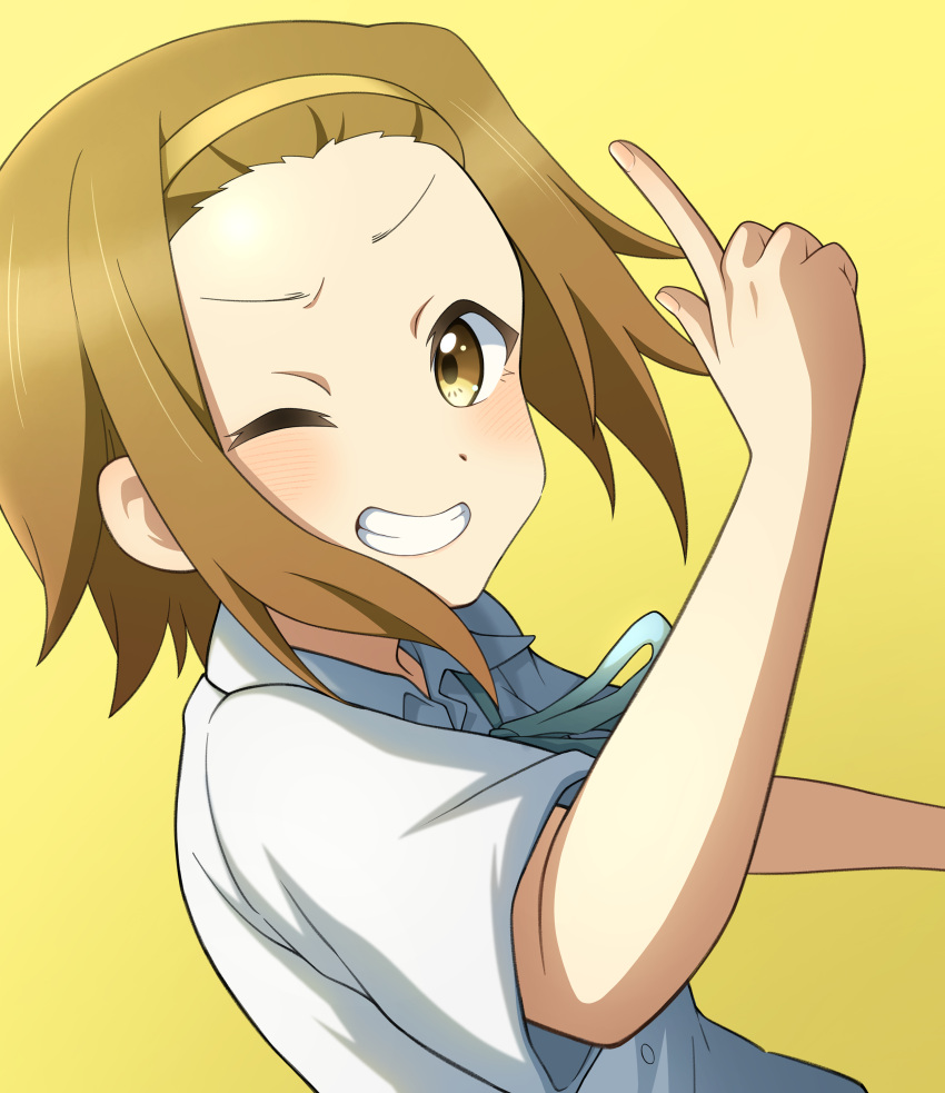 1girl 46_crt absurdres blue_ribbon blush brown_eyes brown_hair collared_shirt commentary_request forehead grin hairband highres index_finger_raised k-on! looking_at_viewer neck_ribbon one_eye_closed ribbon sakuragaoka_high_school_uniform school_uniform shirt short_hair short_sleeves simple_background smile solo summer_uniform tainaka_ritsu white_shirt yellow_background yellow_hairband