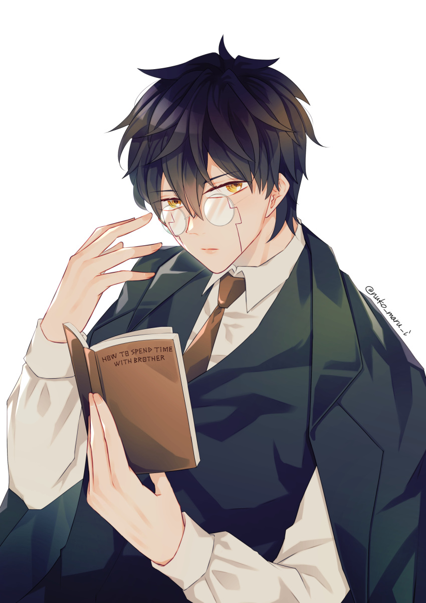 1boy artist_name black_hair black_vest book brown_necktie glasses hair_between_eyes highres holding holding_book long_sleeves looking_at_viewer male_focus mashle necktie nuko_maru_i open_book orter_madl reading shirt short_hair simple_background solo twitter_username vest white_background white_shirt yellow_eyes