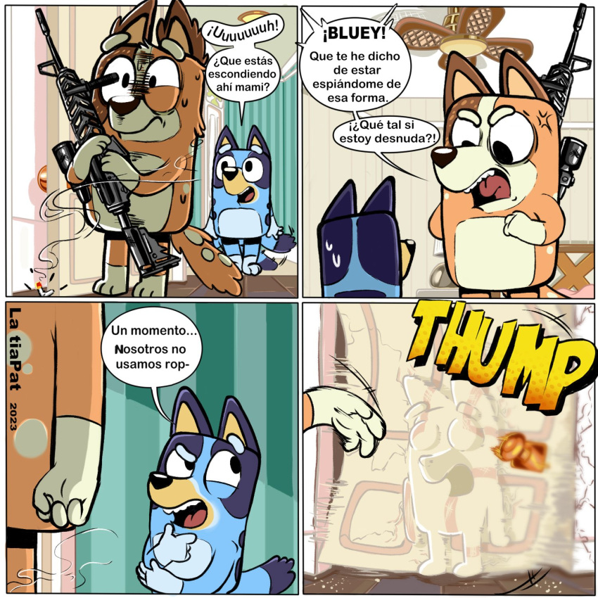 1:1 angry anthro blue_body blue_fur bluey_(series) bluey_heeler brown_body brown_fur canid canine canis chilli_heeler comic cross-popping_vein daughter_(lore) domestic_dog door door_slam duo female fur gun hi_res hiding_object holding_gun holding_object holding_weapon la_tiapat mammal mother_(lore) mother_and_child_(lore) mother_and_daughter_(lore) onomatopoeia open_door parent_(lore) parent_and_child_(lore) parent_and_daughter_(lore) ranged_weapon smile sound_effects spanish_text standing text weapon
