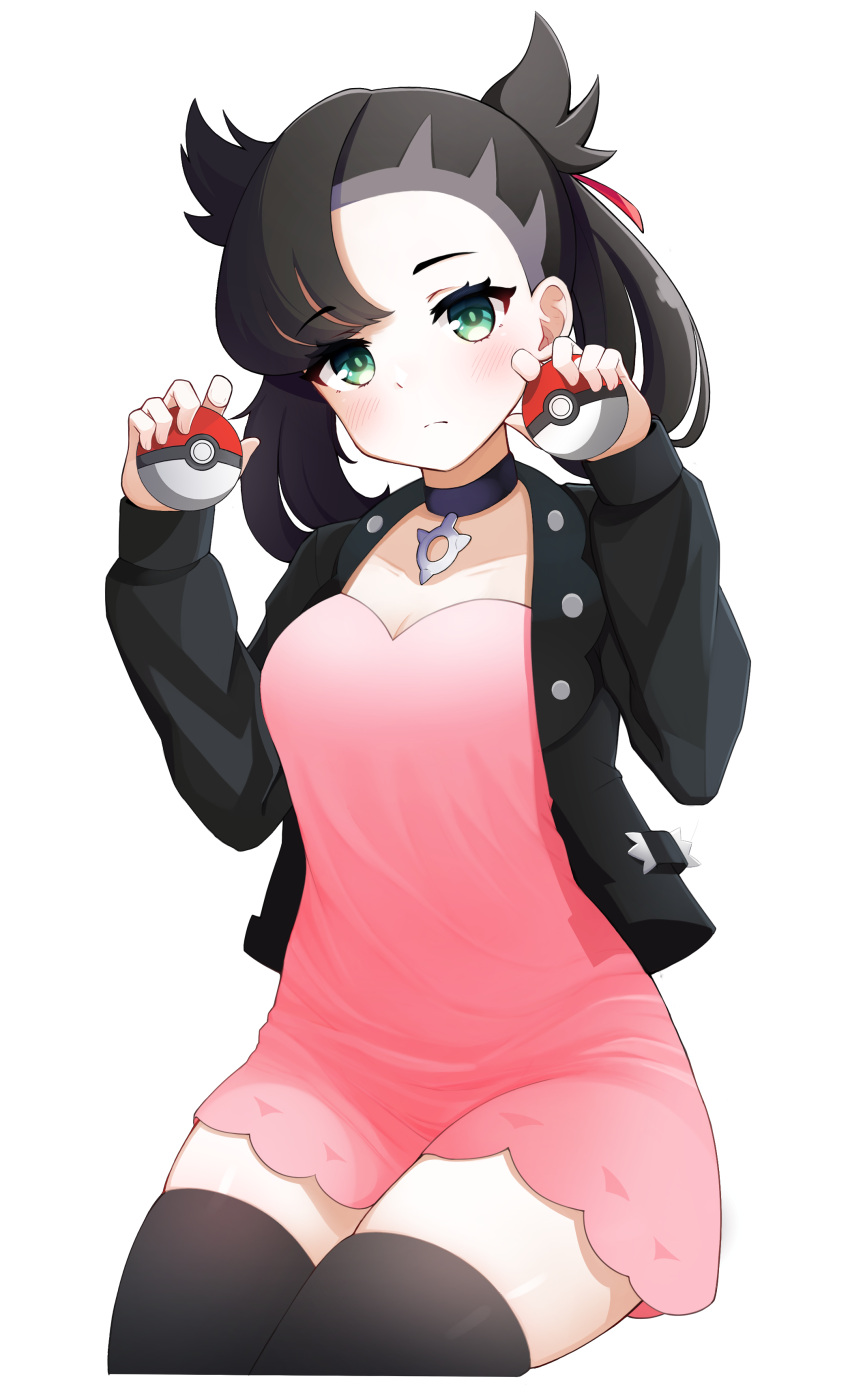 1girl absurdres black_choker black_hair black_jacket black_thighhighs breasts choker cleavage closed_mouth commission dress dual_wielding green_eyes hair_ribbon hands_up highres holding holding_poke_ball jacket light_frown looking_at_viewer marnie_(pokemon) medium_breasts medium_hair megumana pink_dress poke_ball poke_ball_(basic) pokemon pokemon_(game) pokemon_swsh ribbon short_dress sitting skindentation solo thighhighs thighs transparent_background twintails zettai_ryouiki