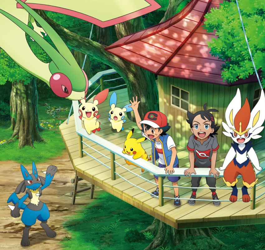 2boys antenna_hair ash_ketchum baseball_cap black_hair blue_eyes blue_shorts brown_eyes cinderace dark-skinned_male dark_skin goh_(pokemon) hat highres lucario male_focus minun multiple_boys official_art open_mouth pikachu plusle pokemon pokemon_(anime) pokemon_(creature) pokemon_journeys shoes shorts sleeveless sleeveless_jacket teeth third-party_source tree treehouse upper_teeth_only waving