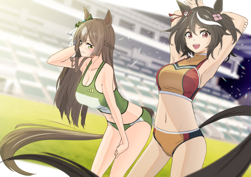 2girls absurdres adapted_costume animal_ears arms_behind_head black_hair bob_cut braid breasts brown_eyes brown_hair buruma cleavage dutch_angle ear_ornament ear_ribbon french_braid hair_ornament half_updo highres horse_ears horse_girl horse_tail kitasan_black_(umamusume) leaning_forward long_hair medium_breasts midriff multicolored_clothes multicolored_hair multiple_girls navel red_eyes sanche_(3che3) satono_diamond_(umamusume) short_hair sports_bikini streaked_hair tail two-tone_hair umamusume upper_body