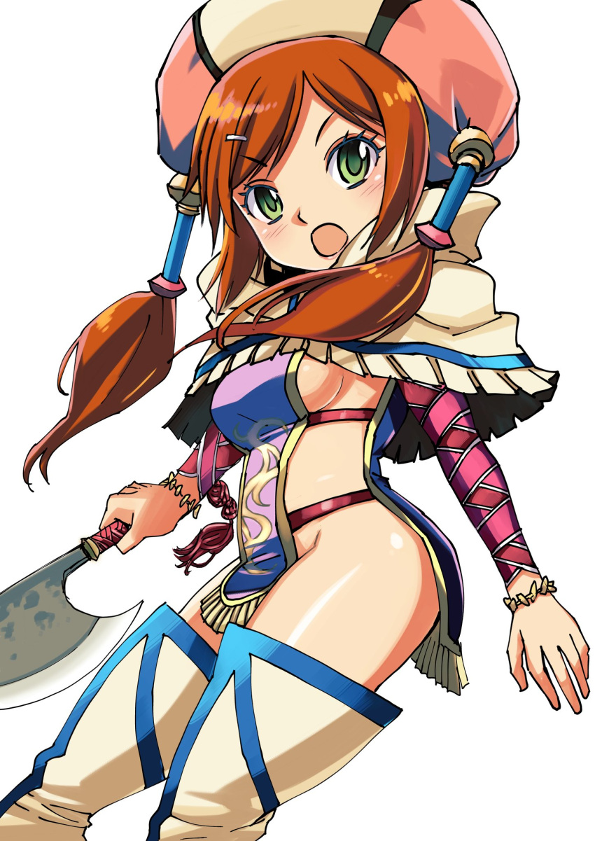 1girl aisha_(saga) bracelet breasts capelet eyelashes green_eyes green_pupils hair_ornament hairclip hat highres holding holding_weapon jewelry long_hair looking_at_viewer muramasa_mikado no_bra no_panties open_mouth orange_hair romancing_saga_minstrel_song saga sideboob simple_background small_breasts solo thighhighs thighs twintails weapon white_background white_capelet white_thighhighs