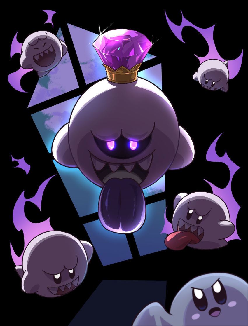 black_eyes blue_eyes blush_stickers boo_(mario) copy_ability crown dark gem ghost ghost_kirby glowing glowing_eyes highres king_boo kirby kirby_(series) looking_at_viewer luigi's_mansion mario_(series) no_humans odd_one_out open_mouth poyo_party purple_eyes shaded_face sharp_teeth smile teeth tongue tongue_out window