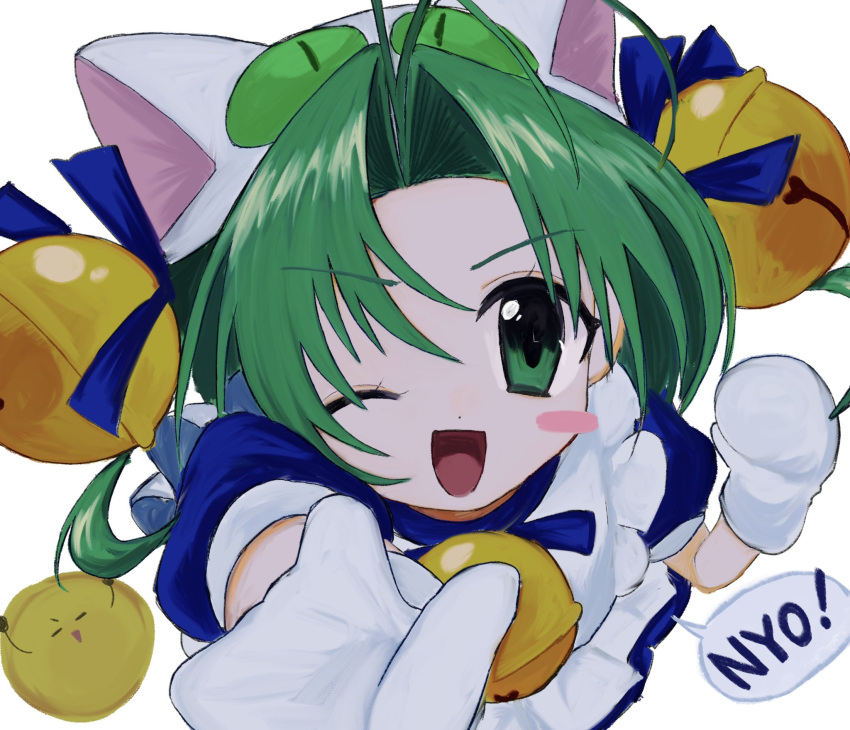1girl animal_ears animal_hands animal_hat antenna_hair apron bell blue_dress cat_day cat_ears cat_hat dejiko di_gi_charat dress gloves green_eyes green_hair hair_bell hair_ornament hat highres looking_at_viewer maid_apron one_eye_closed open_mouth paw_gloves pepeppepe101 puffy_short_sleeves puffy_sleeves short_hair short_sleeves white_apron white_mittens