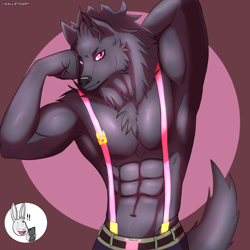 abs absurd_res anthro black_body black_fur blush canid canine canis chest_fur clothing digital_media_(artwork) firefighter flexing flexing_bicep fur galletoart hair hand_behind_head hi_res i_think_i_like_you lagomorph leon_(i_think_i_like_you) leporid looking_at_viewer male male/male mammal muscular muscular_anthro muscular_male pecs rabbit shirtless shirtless_male simple_background sky_(i_think_i_like_you) smile solo solo_focus suspenders tail wolf