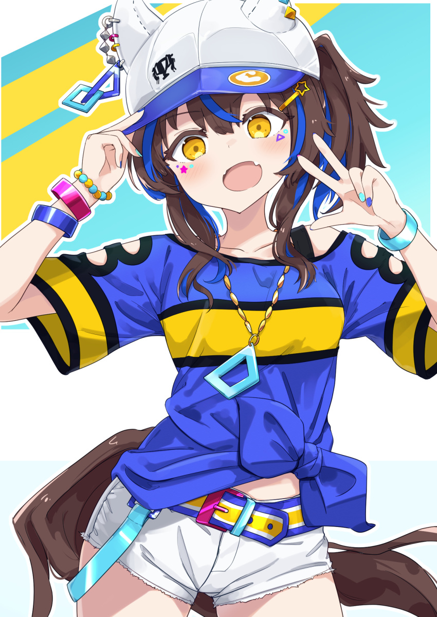 1girl :d adjusting_clothes adjusting_headwear baseball_cap bead_bracelet beads blue_hair blue_nails bracelet brown_hair commentary_request cowboy_shot daitaku_helios_(umamusume) ears_through_headwear facial_mark fangs hair_ornament hairclip hat highres horse_girl horse_tail jewelry looking_at_viewer multicolored_hair nail_polish necklace ponytail shirt shorts skin_fangs smile solo tail tied_shirt totomono two-tone_hair umamusume w white_background yellow_eyes