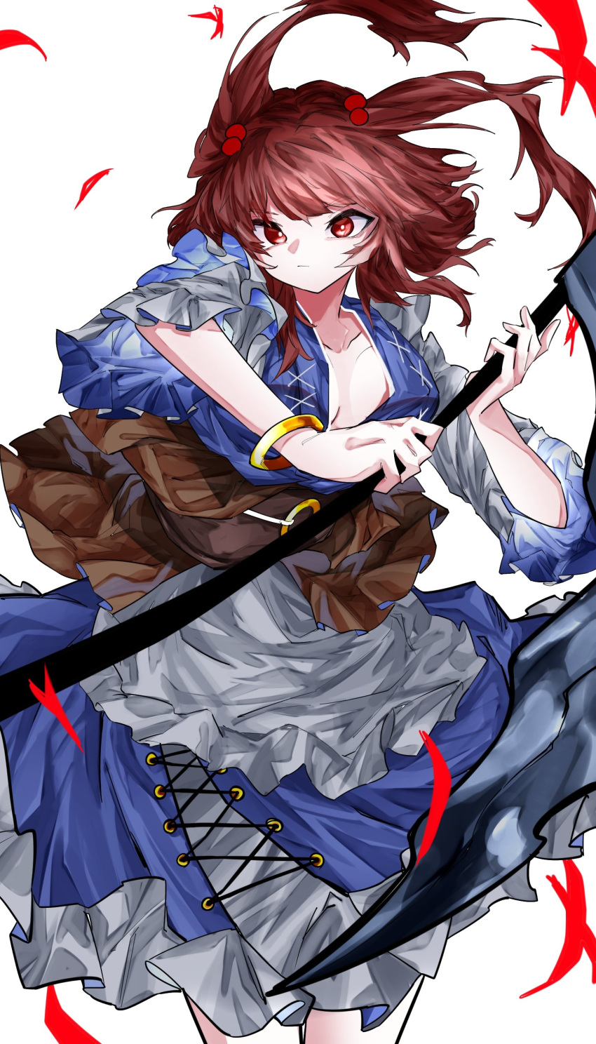 1girl absurdres alt_text blue_dress bracelet breasts cleavage closed_mouth commentary dress hair_bobbles hair_ornament highres holding holding_scythe jewelry onozuka_komachi red_eyes red_hair scythe short_sleeves simple_background solo touhou two_side_up vivo_(vivo_sun_0222) white_background