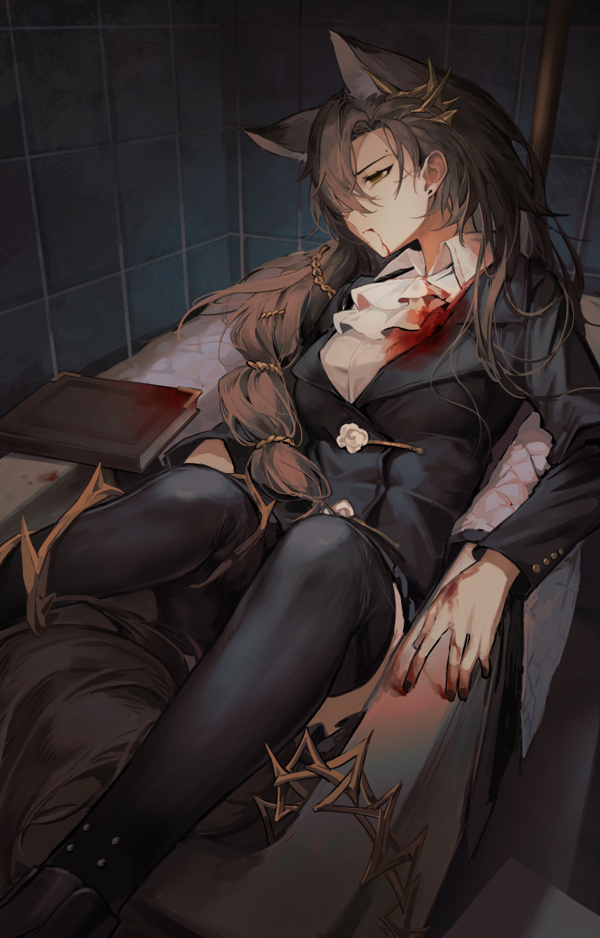 1girl absurdres akechi_(826988799) animal_ears arknights ascot bed black_suit blood blood_on_chest blood_on_face blood_on_hands book braid breasts brown_hair chinese_commentary commentary_request empty_eyes expressionless feet_out_of_frame formal gold_trim hair_ornament highres long_hair looking_to_the_side lying medium_breasts mole_above_eye on_back on_bed penance_(arknights) solo suit white_ascot wolf_ears wolf_girl yellow_eyes