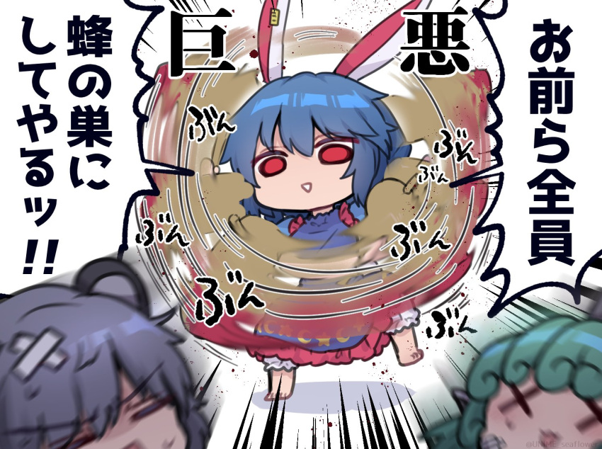 3girls animal_ears blue_dress blue_hair closed_eyes crescent_print dress earclip emphasis_lines green_hair grey_hair hair_between_eyes horns kine komano_aunn long_hair mallet mouse_ears multiple_girls nazrin open_mouth rabbit_ears red_eyes seiran_(touhou) short_hair single_horn speech_bubble star_(symbol) star_print touhou translation_request twitter_username unfinished_dream_of_all_living_ghost unime_seaflower x_x