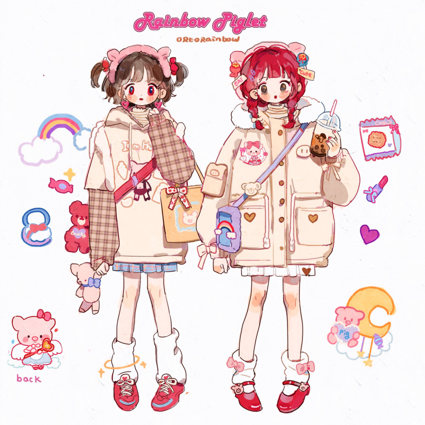 2girls :o animal_ear_headwear animal_ears ankle_socks artist_name backpack bag blue_skirt blunt_bangs blush_stickers bow bow_legwear braid brown_coat brown_eyes brown_hair brown_hoodie brown_shirt brown_sleeves buttons candy_hair_ornament cloud cloud_print coat coffee cookie crescent_moon cross-laced_footwear cup disposable_cup drinking_straw earrings english_text eyelashes food food-themed_hair_ornament food_print footwear_bow full_body fur-trimmed_hood fur_trim hair_bow hair_ornament hairband hairclip halo hand_on_own_neck heart heart_earrings heart_print highres holding holding_cup hood hood_down hooded_coat hoodie jewelry layered_sleeves lolita_fashion long_sleeves mary_janes medium_hair miniskirt moon multiple_girls open_mouth original parted_lips pig_ears pig_print pink_bow pink_hairband plaid plaid_skirt plaid_sleeves pleated_skirt pocket price_tag puffy_long_sleeves puffy_sleeves purple_bag putong_xiao_gou rainbow_print red_eyes red_footwear red_hair shirt shoes short_hair short_over_long_sleeves short_sleeves shoulder_bag skirt sleeve_bow sneakers socks sparkle star_(symbol) strawberry_print striped striped_shirt tote_bag turtleneck twin_braids two_side_up white_background white_bag white_bow white_leg_warmers white_skirt white_socks yellow_bag