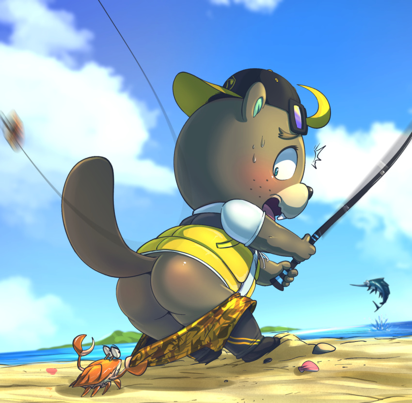 animal_crossing anthro arthropod backwards_hat beaver blonde_hair blue_eyes bottomwear bottomwear_down brown_body brown_fur buckteeth butt c.j._(animal_crossing) clothed clothing crab crustacean decapoda embarrassed fishing fishing_rod freckles fur hair hat headgear headwear hi_res lkiws malacostracan male mammal marine nintendo pants pants_down partially_clothed pincers rodent teeth