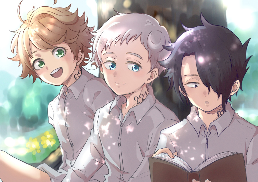 1girl 2boys black_hair blue_eyes book closed_mouth collared_shirt commentary emma_(yakusoku_no_neverland) flat_chest green_eyes highres holding holding_book looking_at_another multiple_boys neck_tattoo norman_(yakusoku_no_neverland) number_tattoo open_book open_mouth orange_hair r1014-chopper ray_(yakusoku_no_neverland) reading shirt smile tattoo tree white_hair white_shirt yakusoku_no_neverland