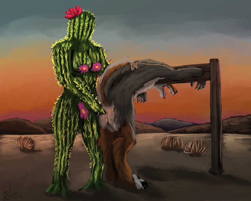 absurd_res anthro barrel_cactus brown_body brown_fur butt butt_slap cactus canid canine canis coyote desert duo exposed_skin female flower fur glochids grey_body grey_fur hi_res kepler_coyote kinktober landscape leaning male male/female mammal mountain plant raised_tail restraints rope slap spanking spines stocks sunset tail tumbleweed yenocwolf
