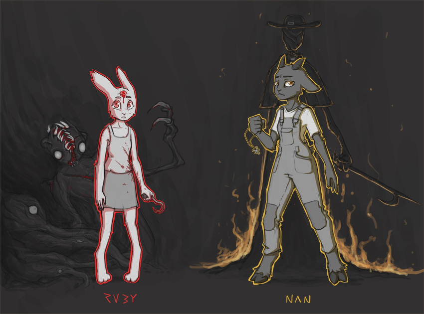2_horns 3_eyes barefoot blood bodily_fluids bottomwear bovid breasts caprine clothed clothing feet female fire fully_clothed fur goat grey_body grey_fur hi_res holding_jewelry holding_necklace holding_object horn jewelry lagomorph leporid mammal medium_breasts multi_eye nan_(nq) nan_quest necklace rabbit ruby_(rq) ruby_quest shirt skirt suspenders tank_top the_pablo_(nq) topwear white_body white_fur zeeboon