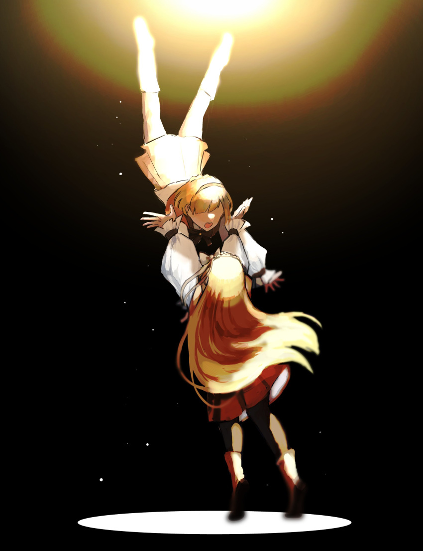 1boy 1girl absurdres black_background blonde_hair blouse boots capelet falling highres light_particles lobotomy_corporation long_hair long_sleeves medium_hair msx_(mis4xi) open_mouth orange_capelet orange_footwear orange_skirt project_moon puffy_long_sleeves puffy_sleeves shirt simple_background skirt spotlight tiphereth_a_(project_moon) tiphereth_b_(project_moon) very_long_hair white_shirt