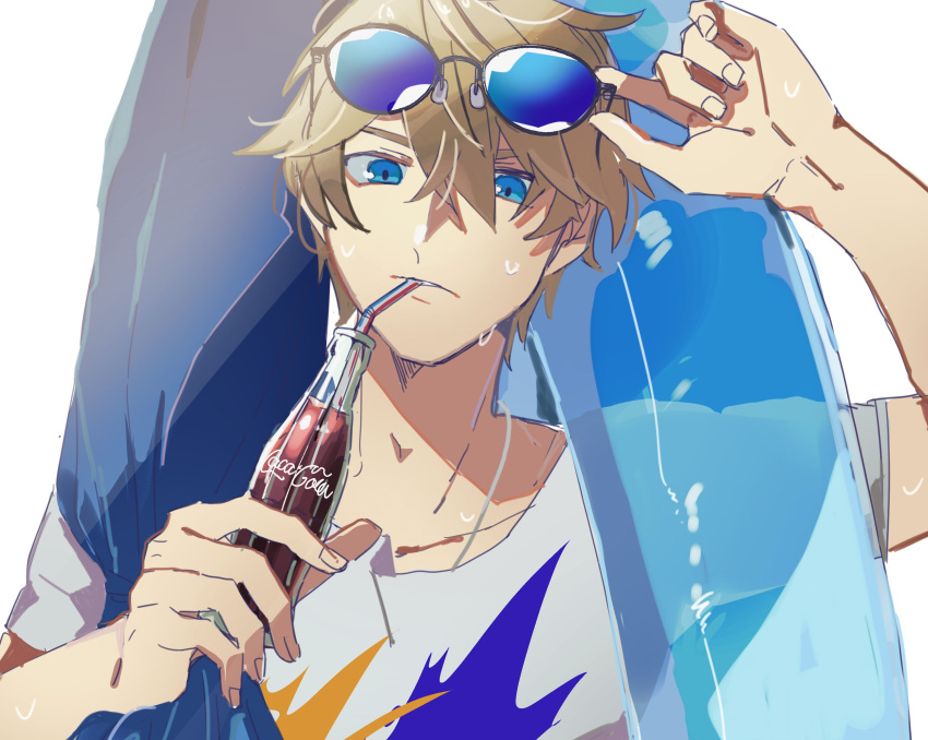 1boy absurdres alternate_costume bishounen blonde_hair blue_eyes bottle coca-cola dosukotwst drinking eyewear_on_head gepard_landau hand_up highres holding holding_bottle honkai:_star_rail honkai_(series) inflatable_toy looking_at_viewer male_focus shirt short_hair solo sunglasses sweat upper_body white_background white_shirt