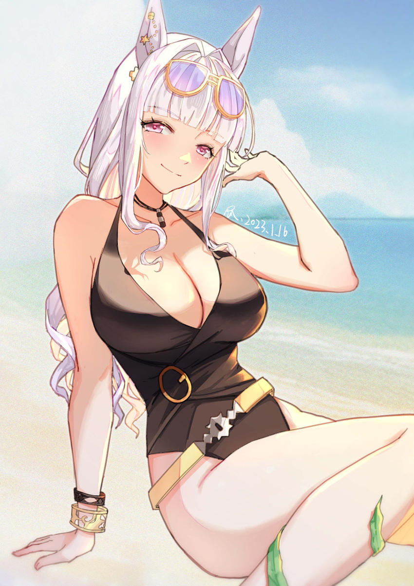 1girl absurdres animal_ears arm_support bangle banhuaaidie beach belt black_one-piece_swimsuit blue_sky blunt_bangs blush bracelet breasts cleavage closed_mouth cloud cloudy_sky commentary dated day eyewear_on_head feet_out_of_frame gold_ship_(run_revolt_launcher)_(umamusume) gold_ship_(umamusume) hair_intakes hand_in_own_hair highleg highleg_swimsuit highres horse_ears jewelry large_breasts long_hair looking_at_viewer necklace ocean official_alternate_costume one-piece_swimsuit outdoors purple-tinted_eyewear purple_eyes seaweed signature sitting sky smile solo sunglasses swimsuit tinted_eyewear umamusume white_hair yellow_belt