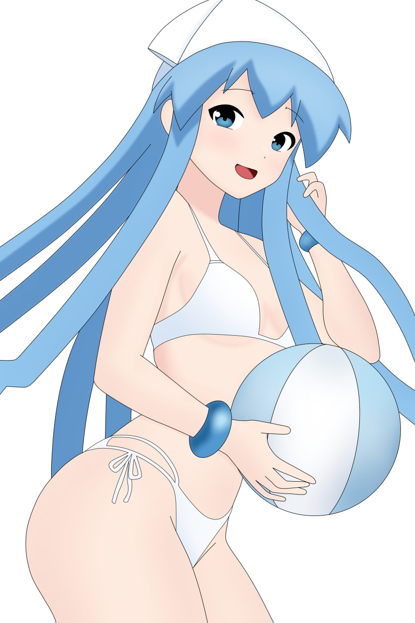 1girl absurdres ball beachball bikini blue_eyes blue_hair hat highres ikamusume jeadrawings legs looking_at_viewer open_mouth shinryaku!_ikamusume simple_background solo squid_hat standing string_bikini swimsuit tentacle_hair thighs white_background white_bikini