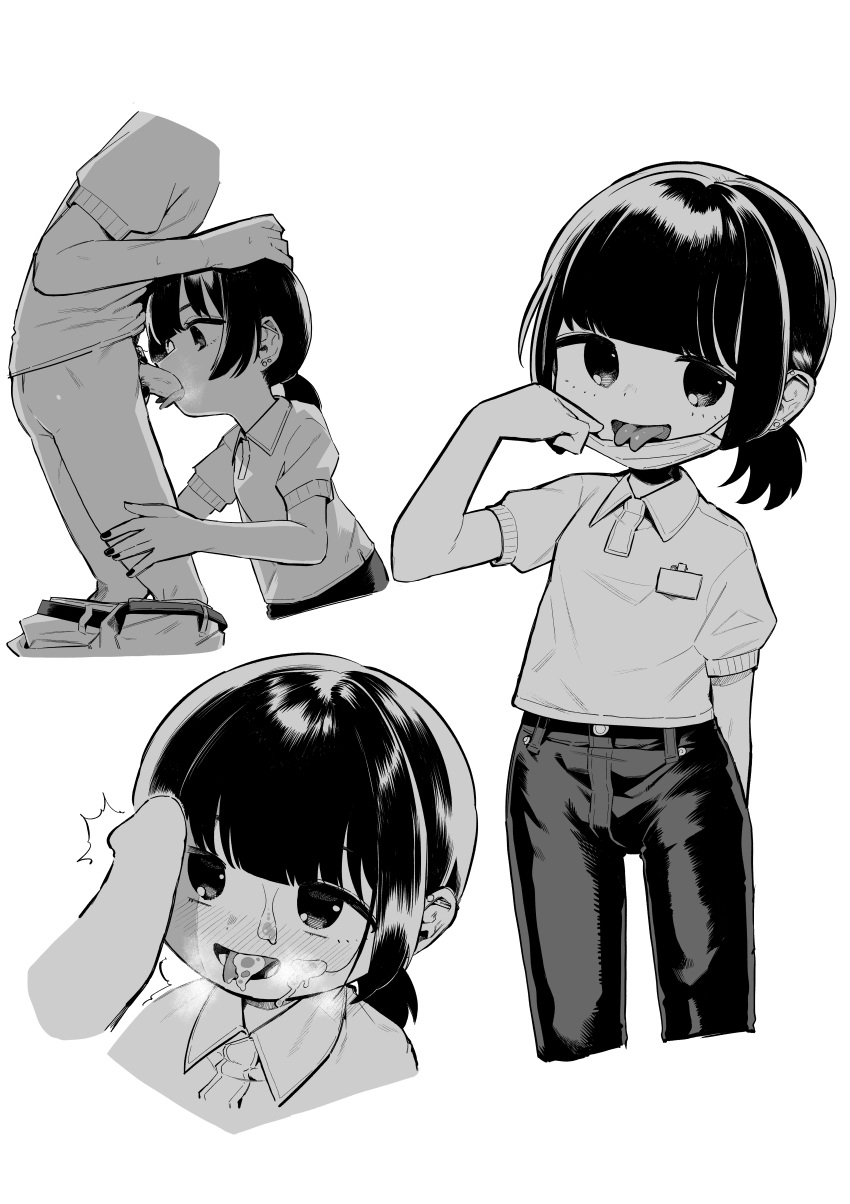 1boy 1girl absurdres blunt_bangs chibi cum cum_in_mouth facial fellatio forked_tongue greyscale hetero highres moai_(more_e_4km) monochrome oral original pants penis ponytail short_hair simple_background tongue white_background