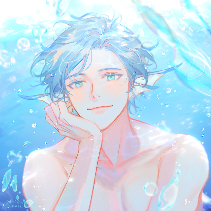 1boy absurdres air_bubble aqua_eyes blue_hair blush bubble fins head_fins head_rest highres holostars holostars_english male_focus merman monster_boy monsterification parted_bangs regis_altare rm-parfait short_hair smile solo topless_male underwater upper_body virtual_youtuber