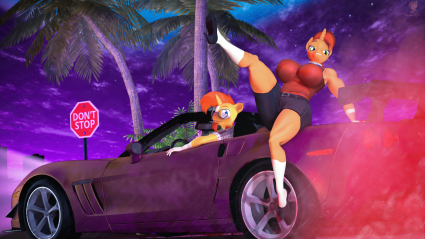 16:9 3d_(artwork) 4k absurd_res anthro beard big_breasts bottomwear breasts car chevrolet clothed clothing digital_media_(artwork) duo equid equine eyewear facial_hair female fingers footwear friendship_is_magic fur gem glasses gloves_(marking) hair hasbro hi_res high_heels horn horse jewelry leg_markings looking_at_viewer looking_back male mammal markings mature_female muscular muscular_anthro muscular_female my_little_pony necklace pearl_(gem) pearl_necklace pony pose posing_for_picture raised_leg revamped_anthros shirt shorts silkworm205 smile socks_(marking) solo_focus source_filmmaker stellar_flare_(mlp) sunburst_(mlp) tank_top thick_thighs topwear unicorn vehicle white_body white_fur widescreen