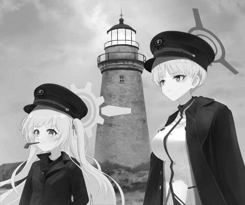 2girls blue_archive breasts cherino_(blue_archive) cosplay fake_facial_hair fake_mustache flat_chest greyscale halo hat highres large_breasts long_hair long_sleeves marina_(blue_archive) monochrome multiple_girls parody peaked_cap photo-referenced short_hair smoking_pipe tagme the_lighthouse thomas_howard thomas_howard_(cosplay) thomas_wake thomas_wake_(cosplay) ziz_(pandora707)