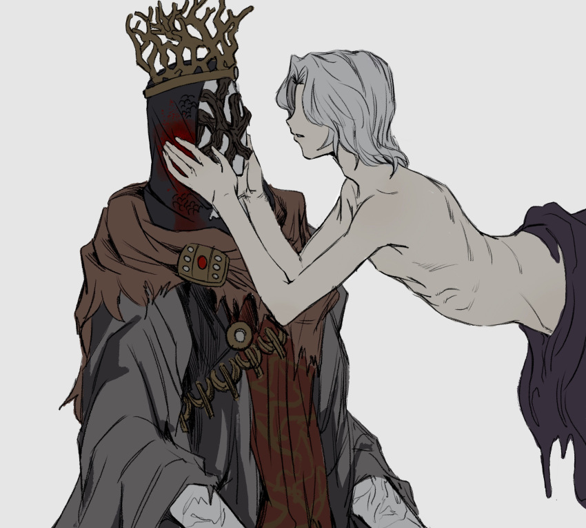2boys absurdres aldrich_devourer_of_gods brown_cape cape crown dark_souls_(series) dark_souls_iii dark_sun_gwyndolin facing_another from_side grey_hair grey_robe hands_on_another's_cheeks hands_on_another's_face highres hood hood_up male_focus multiple_boys pontiff_sulyvahn profile robe short_hair simple_background slime_(substance) topless_male torn_cape torn_clothes upper_body white_background zunkome