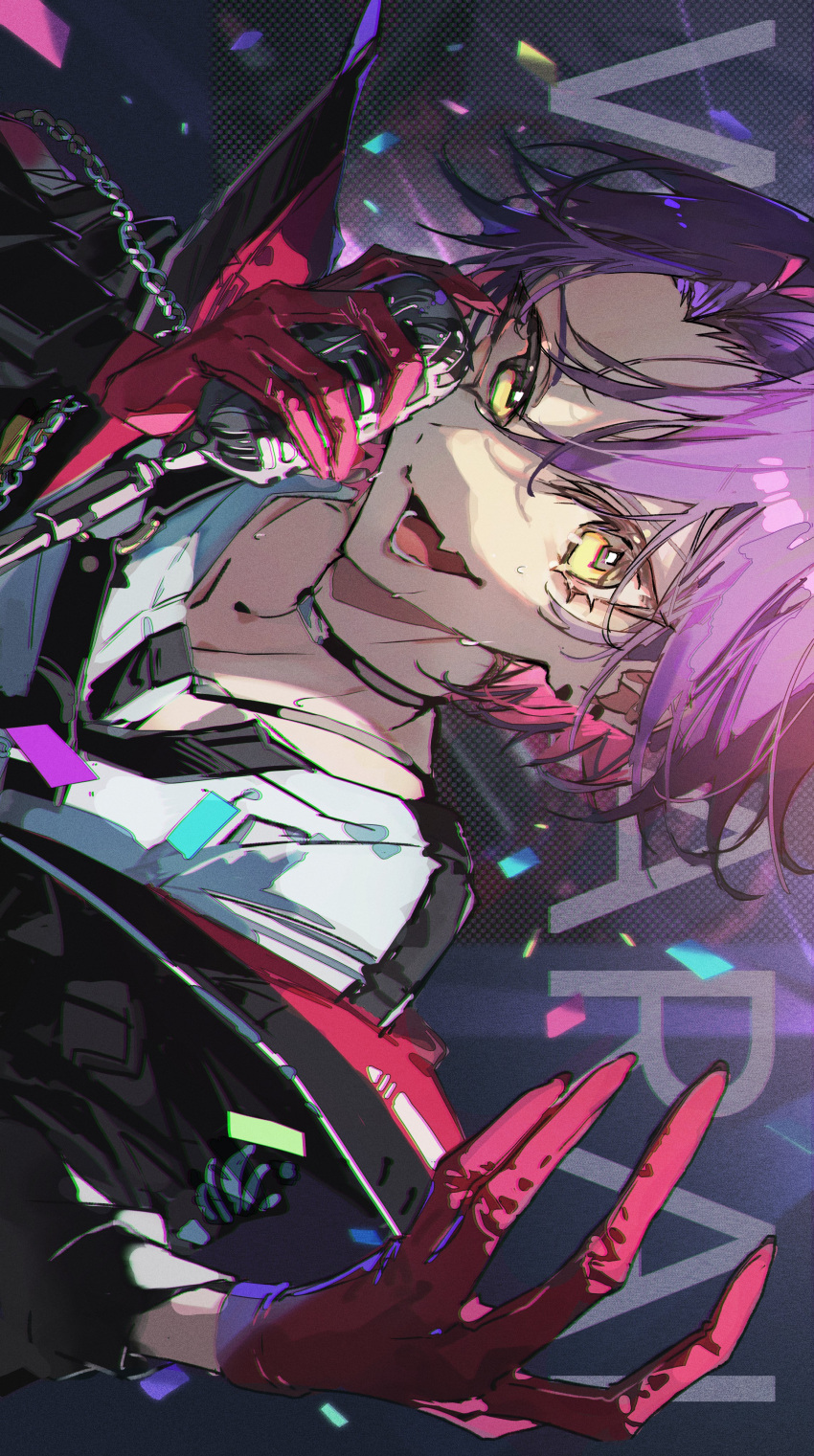 1boy absurdres black_jacket earrings fang gloves hair_between_eyes highres holding holding_microphone jacket jewelry looking_at_viewer male_focus microphone mura_karuki nijisanji open_mouth parted_bangs portrait red_gloves shirt short_hair skin_fang smile solo sweatdrop watarai_hibari white_shirt yellow_eyes