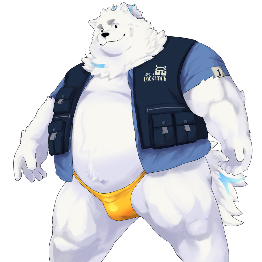 anthro bandage_on_face belly bulge canid canine canis clothed clothing domestic_dog fur hi_res lifewonders live_a_hero male mammal nordic_sled_dog omochiwotakusan open_clothing open_topwear open_vest overweight samoyed solo speedo spitz swimwear topknot topwear vest white_body white_fur yohack