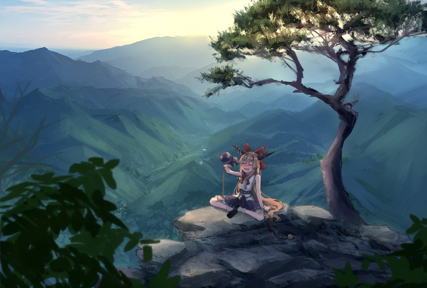 1girl :d arm_support black_footwear blonde_hair blush bo_cota bow bowtie chain closed_eyes cloud commentary dawn drunk gourd hair_bow highres holding horn_ornament horn_ribbon horns ibuki_suika long_hair mountainous_horizon oni_horns open_mouth purple_ribbon purple_skirt red_bow red_bowtie ribbon rock shirt shoes sitting skirt sky smile socks solo sunrise touhou tree very_long_hair white_shirt white_socks wide_shot wrist_cuffs