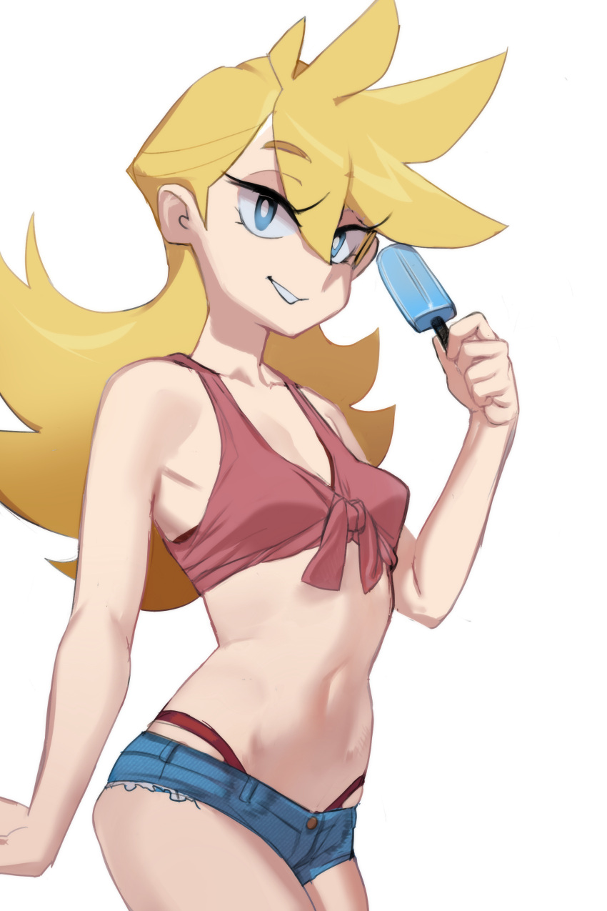 1girl absurdres blonde_hair blue_eyes denim denim_shorts food g-string highres holding holding_food holding_popsicle long_hair looking_at_viewer micro_shorts navel panty_&amp;_stocking_with_garterbelt panty_(psg) popsicle shirt sho-n-d short_hair shorts sleeveless sleeveless_shirt solo spiked_hair thong tied_shirt