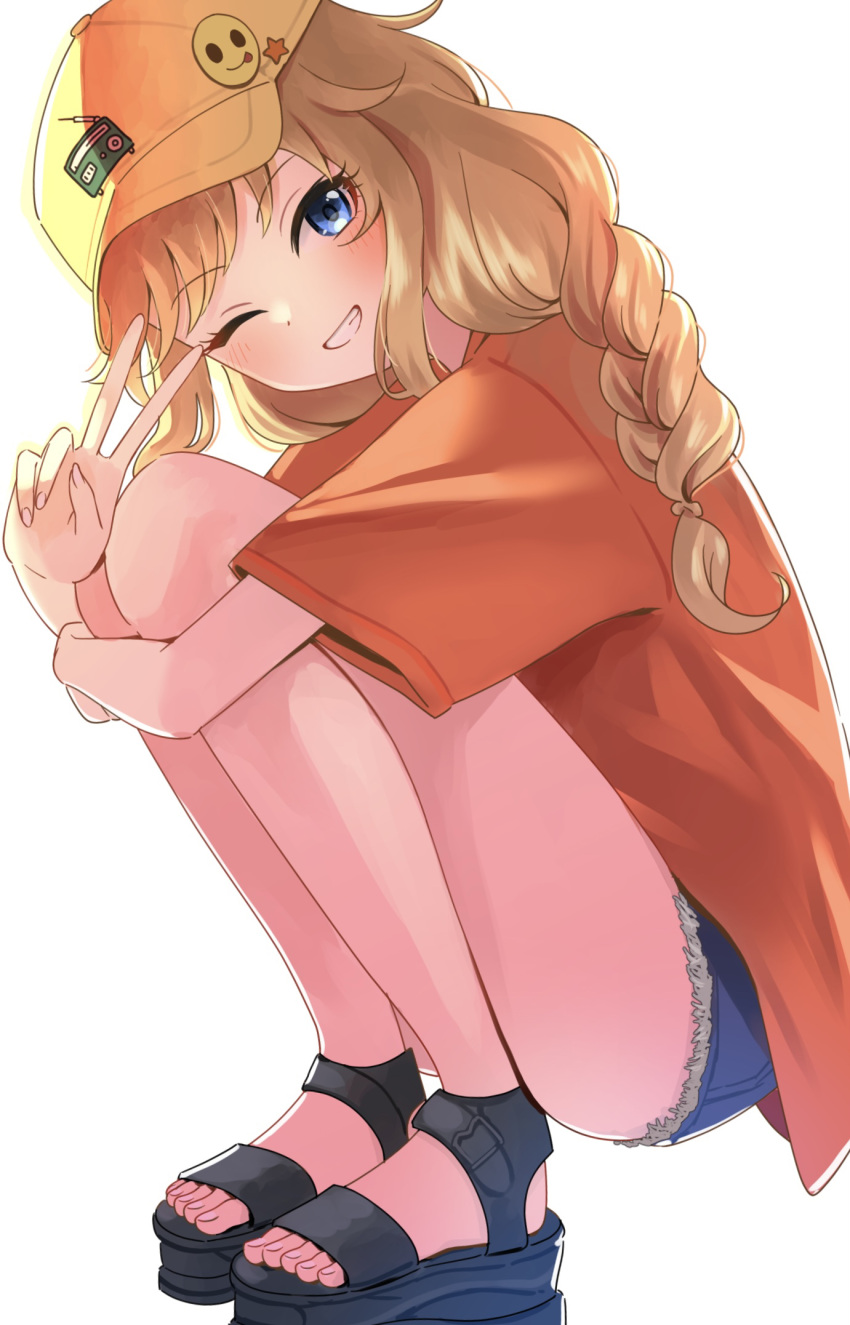 1girl ;d bare_legs baseball_cap blonde_hair blue_eyes blush braid cutoffs denim grin hat head_tilt highres hugging_own_legs idolmaster idolmaster_cinderella_girls looking_at_viewer looking_to_the_side nito_(ninjin) ohtsuki_yui one_eye_closed orange_shirt sandals shirt simple_background smile solo squatting toes v white_background