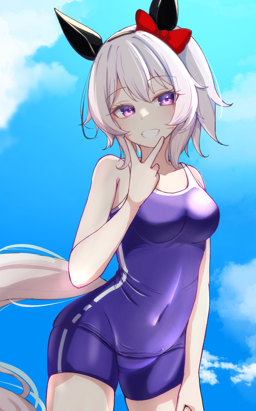 1girl animal_ears blue_one-piece_swimsuit breasts competition_school_swimsuit covered_navel cowboy_shot curren_chan_(umamusume) ear_bow ear_covers highres horse_ears horse_girl horse_tail looking_at_viewer medium_breasts one-piece_swimsuit purple_eyes school_swimsuit short_hair single_vertical_stripe smile standing swimsuit tail tail_through_clothes tofu_thunder tracen_swimsuit umamusume white_hair