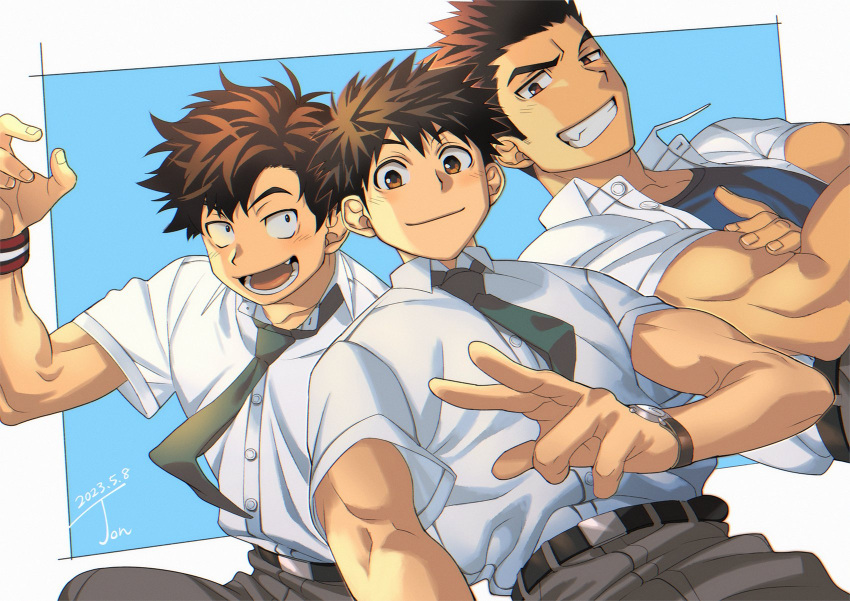 3boys blue_background border brown_eyes brown_hair buttons collared_shirt copyright_request green_necktie highres looking_at_viewer male_focus multiple_boys muscular muscular_male necktie open_clothes open_mouth open_shirt red_wristband sagami_jon shirt short_hair smile teeth upper_body v watch white_border white_shirt wristwatch