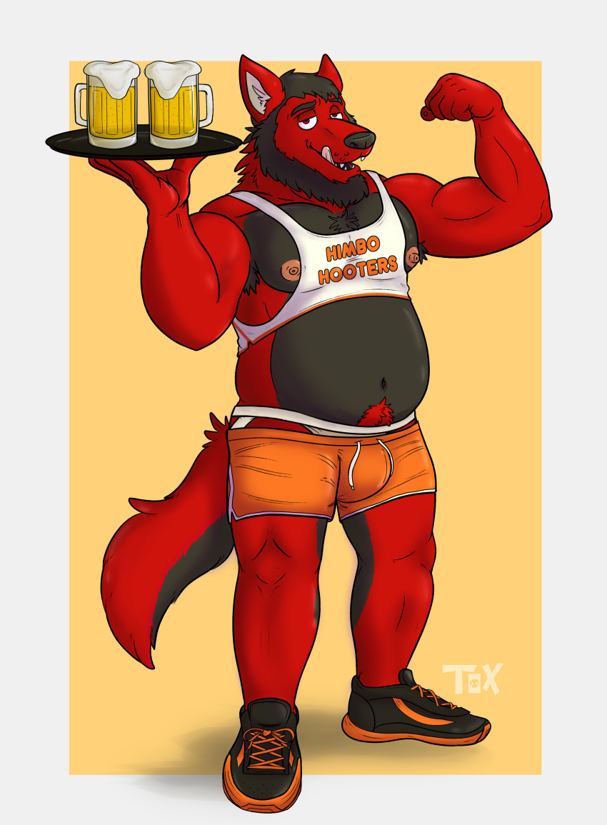 absurd_res alcohol alexander_wolfgear_(character) anthro beard beer belly belly_hair beverage body_hair bulge canid canine canis chubby_male clothing facial_hair hair hi_res himbo_hooters humanoid jockstrap lobotoxico_(artist) male mammal multicolored_hair muscular nipples slightly_chubby solo thick_body two_tone_hair underwear wolf