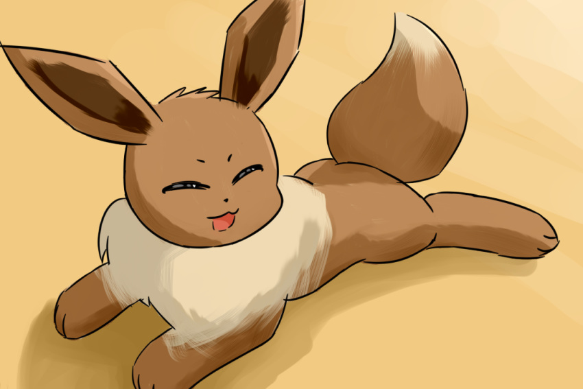 ambiguous_gender brown_body canid canine eevee eyes_closed feral fox generation_1_pokemon jayfeather233 lying lying_on_ground mammal nintendo on_front pokemon pokemon_(species) simple_background smile smiling_at_viewer solo