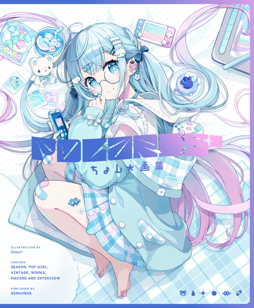 +_+ 1girl absurdres ahoge bear_hair_ornament blue-framed_eyewear blue_border blue_eyes blue_hair blue_jacket blue_nails blue_theme blush border cellphone chon_(chon33v) closed_mouth crossed_bandaids cup drink drinking_straw frilled_shirt frills from_above glasses gradient_border hair_ornament hairclip handheld_game_console highres holding holding_phone jacket legs_folded legs_together long_bangs long_hair looking_at_viewer lying miniskirt nail_polish off_shoulder on_side original phone plaid plaid_skirt pleated_skirt polaroid purple_border raised_eyebrows safety_pin semi-rimless_eyewear shirt short_sleeves sidelocks simple_background skirt smartphone smile solo stuffed_animal stuffed_toy teddy_bear toenail_polish toenails translation_request two_side_up white_background white_shirt