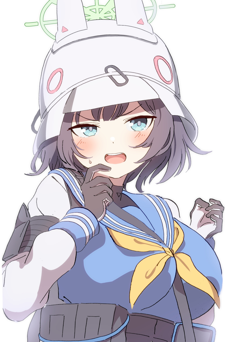 1girl absurdres animal_ears animal_ears_helmet bazz000033 black_gloves black_hair blue_archive blue_eyes blue_sailor_collar blue_serafuku blush bob_cut breasts gloves grey_gloves halo hand_up helmet highres large_breasts long_sleeves military_helmet multicolored_clothes neckerchief open_mouth pouch rabbit_ears sailor_collar saki_(blue_archive) school_uniform serafuku short_hair simple_background solo stahlhelm tactical_clothes teeth turtleneck two-tone_gloves upper_body upper_teeth_only v-shaped_eyebrows white_background white_headwear white_helmet yellow_neckerchief