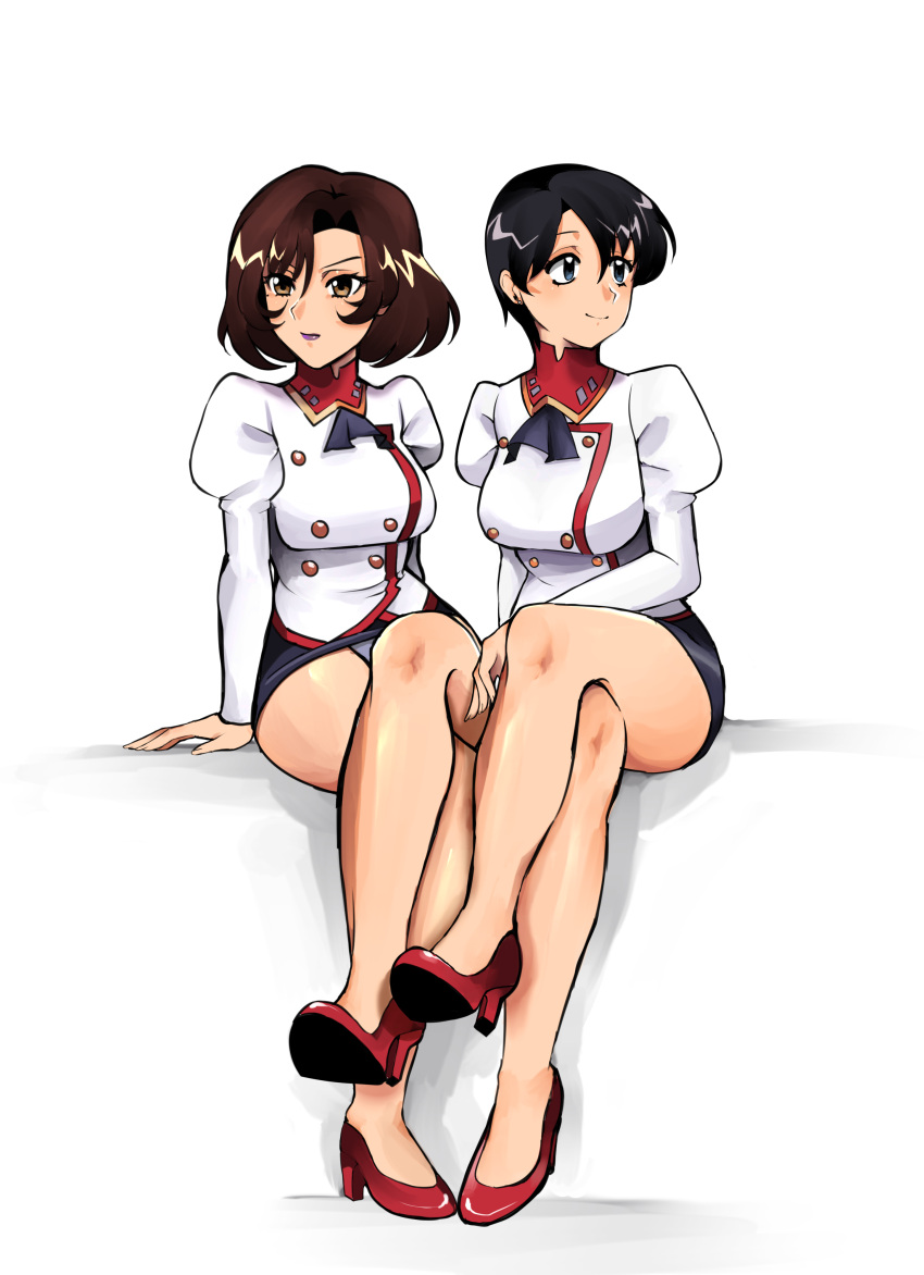 2girls absurdres agent_aika aika_(series) ascot black_ascot black_hair black_skirt blue_eyes buttons commentary crossed_legs delmogeny_uniform double-breasted high_heels highres holding invisible_chair jacket juliet_sleeves long_sleeves military military_uniform mole multiple_girls nenurain nina_esuko panties pencil_skirt puffy_sleeves purple_lips red_footwear red_hair sitting skirt smile underwear uniform white_delmo white_delmo_n white_jacket white_panties