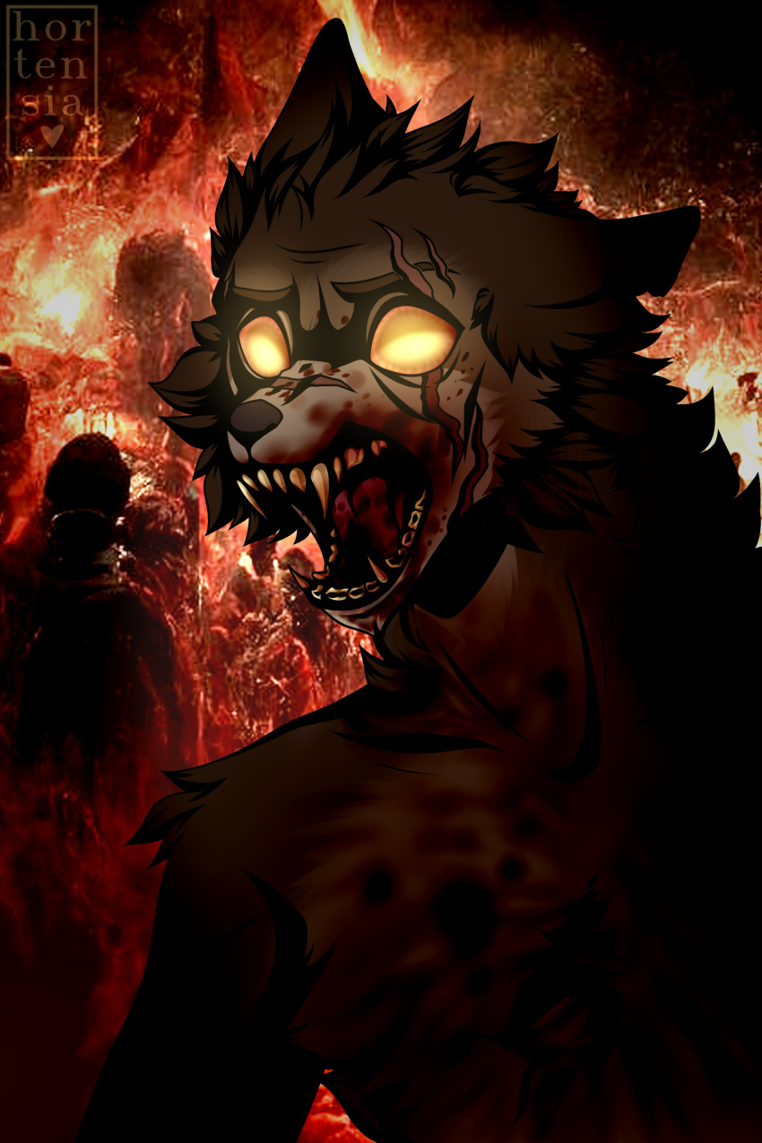 2023 absurd_res anthro blood bodily_fluids bone_crawler brown_body brown_fur canid canine digital_drawing_(artwork) digital_media_(artwork) fur glowing glowing_eyes hi_res hortensia male mammal open_mouth scar screaming solo teeth tongue were werecanid werecanine werewolf werewolf_the_apocalypse white_wolf_publishing world_of_darkness