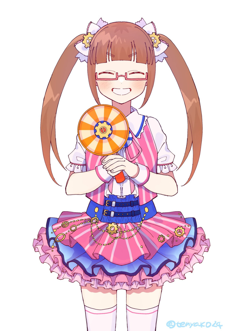 1girl blunt_bangs blush bow brown_hair closed_eyes commentary cowboy_shot dot_nose frilled_skirt frills gear_hair_ornament glasses grin hair_bow highres holding holding_megaphone idolmaster idolmaster_cinderella_girls ikebukuro_akiha long_hair megaphone pink_ribbon pink_skirt pink_vest red-framed_eyewear ribbon semi-rimless_eyewear shirt short_sleeves sidelocks skirt smile solo striped striped_skirt striped_vest teeth tenyako_(mirasato24) thighhighs thighs twintails twitter_username v-shaped_eyebrows vertical-striped_skirt vertical-striped_vest vertical_stripes vest white_background white_shirt white_thighhighs wing_collar wristband zettai_ryouiki