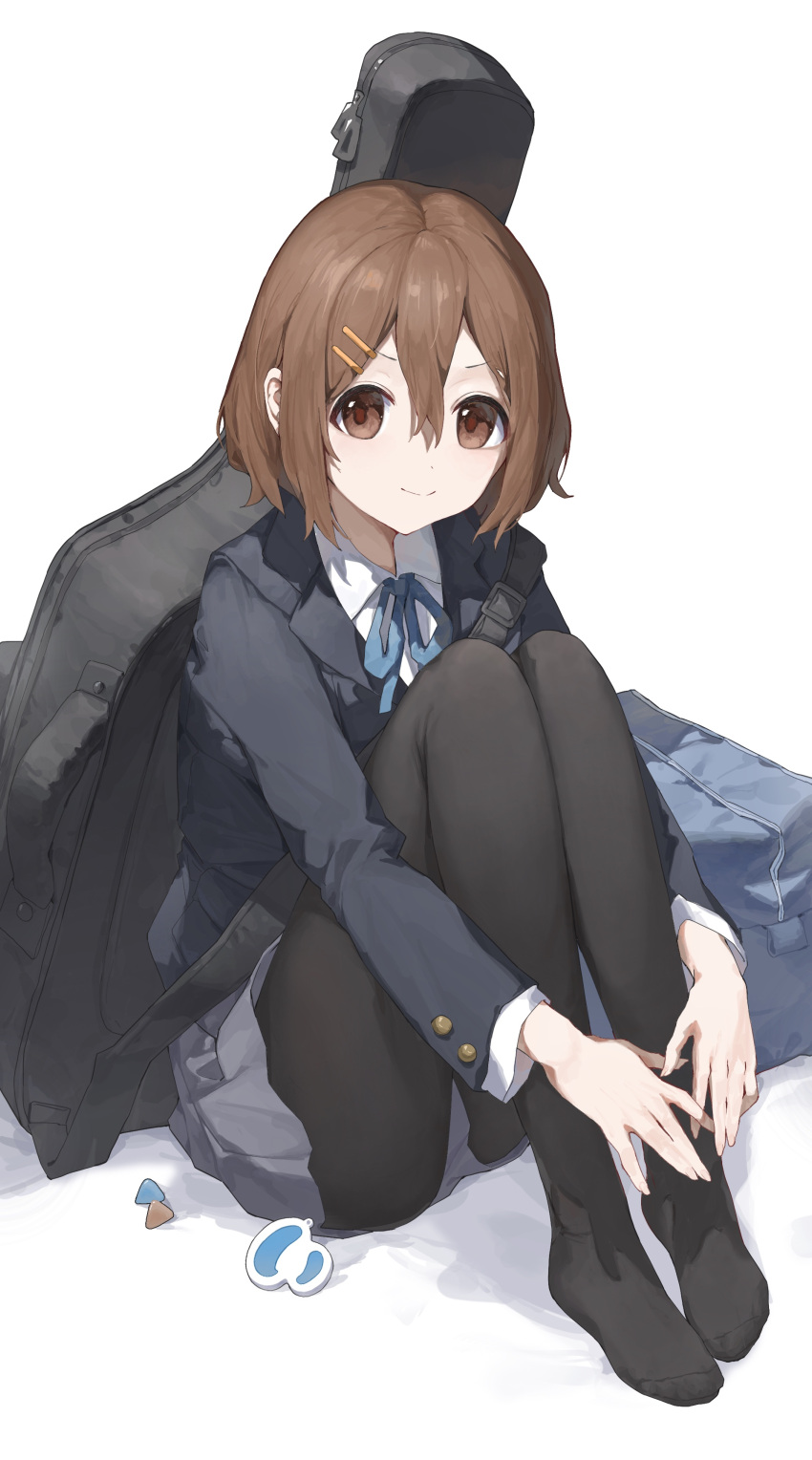 1girl absurdres bag black_pantyhose blazer blue_jacket blue_ribbon brown_eyes brown_hair collared_shirt commentary_request full_body grey_skirt guitar hair_between_eyes hair_ornament hairclip highres hirasawa_yui instrument instrument_case jacket k-on! knees_up looking_at_viewer neck_ribbon pantyhose pleated_skirt ribbon sakuragaoka_high_school_uniform school_bag school_uniform sentter shirt short_hair simple_background sitting skirt solo white_background white_shirt winter_uniform
